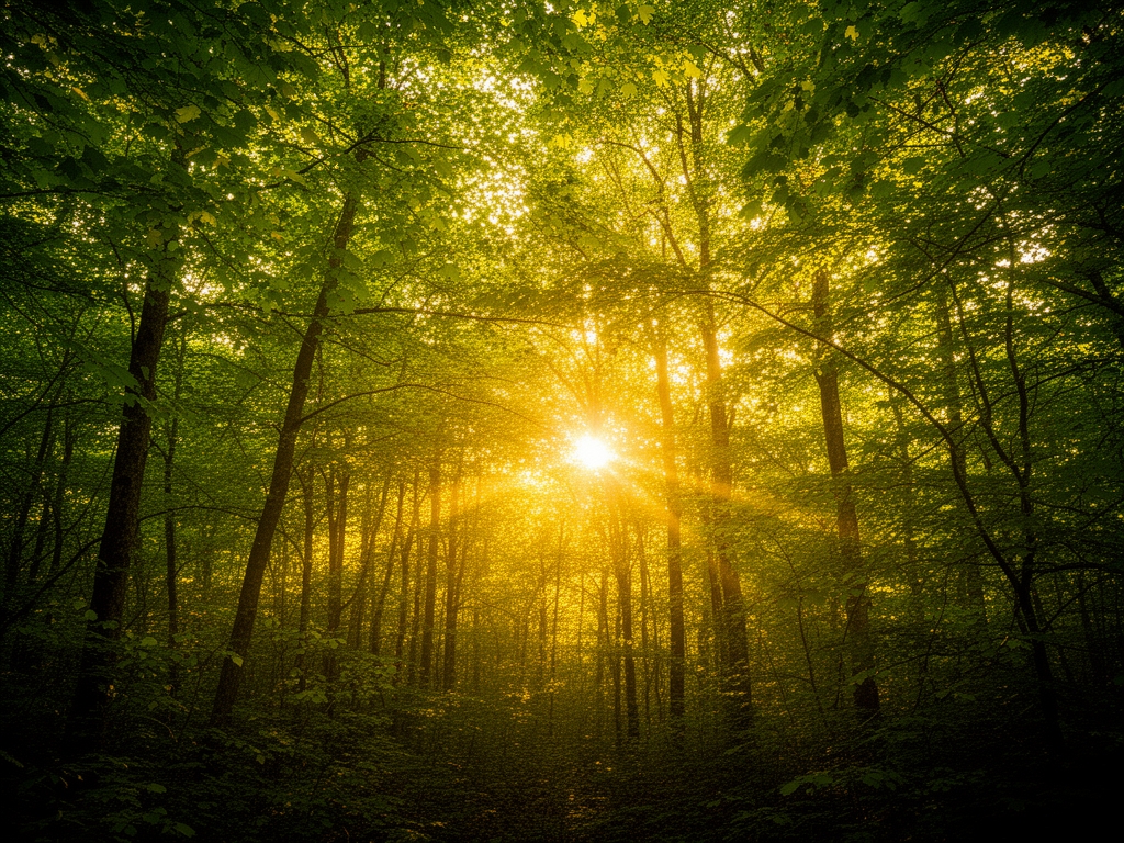 Lumière dorée du soleil filtrant à travers une dense canopée de feuilles vertes dans une forêt paisible, créant un jeu d'ombre et de lumière sur un sentier naturel