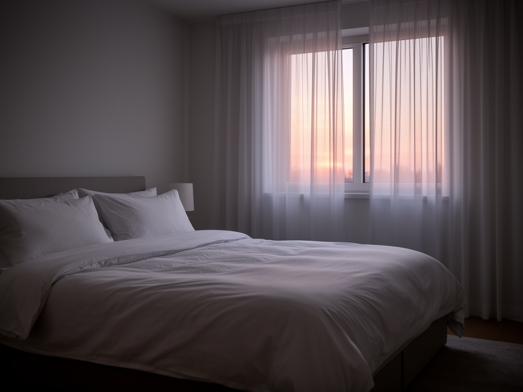 Chambre épurée et apaisante avec une lumière tamisée, draps blancs et fenêtre avec rideaux légers laissant entrer une douce lumière crépusculaire, ambiance de repos serein